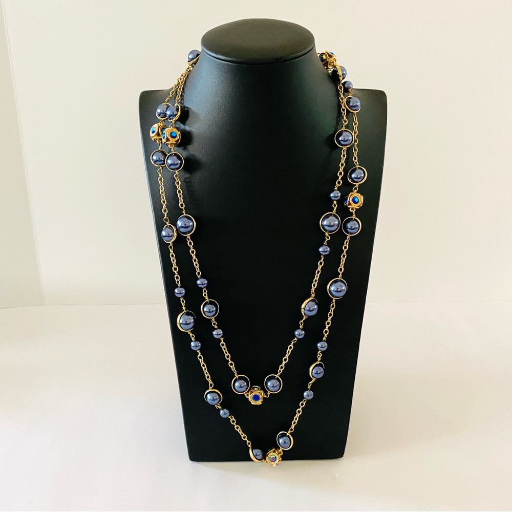 ColdWater Creek Blue Faux Long Pearl Gold tone Double Strand Necklace.